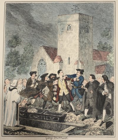 Jonathan Wild cattura Jack al funerale di sua madre nel cimitero di Willesden, illustrazione da Jack Sheppard: Un romanzo di William Harrison Ainsworth, pubblicato 1839 da George Cruikshank